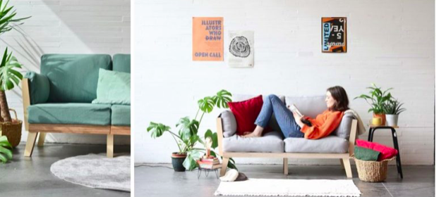 El SofaForLife, diseñado por Saskia Goeress, está hecho de materiales renovables que han sido elegidos para extender su vida útil al máximo, así como para permitir su reparación, reutilización y refabricación. Las fundas de los cojines usan telas de pátina sostenibles que combinan lana y fibras de lino.