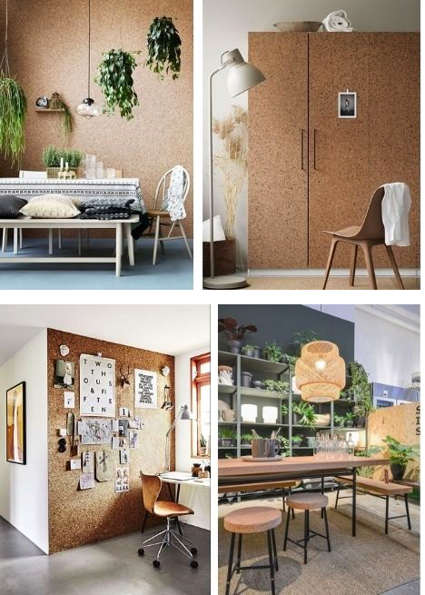 El alcornoque, del que se extrae el corcho, es un árbol que libera su corteza cada 10 años. De esta forma, se puede obtener este material sin que se dañe el árbol durante su extracción. Es perfecto para las paredes de nuestro hogar ya que nos aislará del frío y el calor, reduciendo así el consumo energético en casa. También podemos ver cantidad de mobiliario sostenible en corcho: sillas, mesas, taburetes…